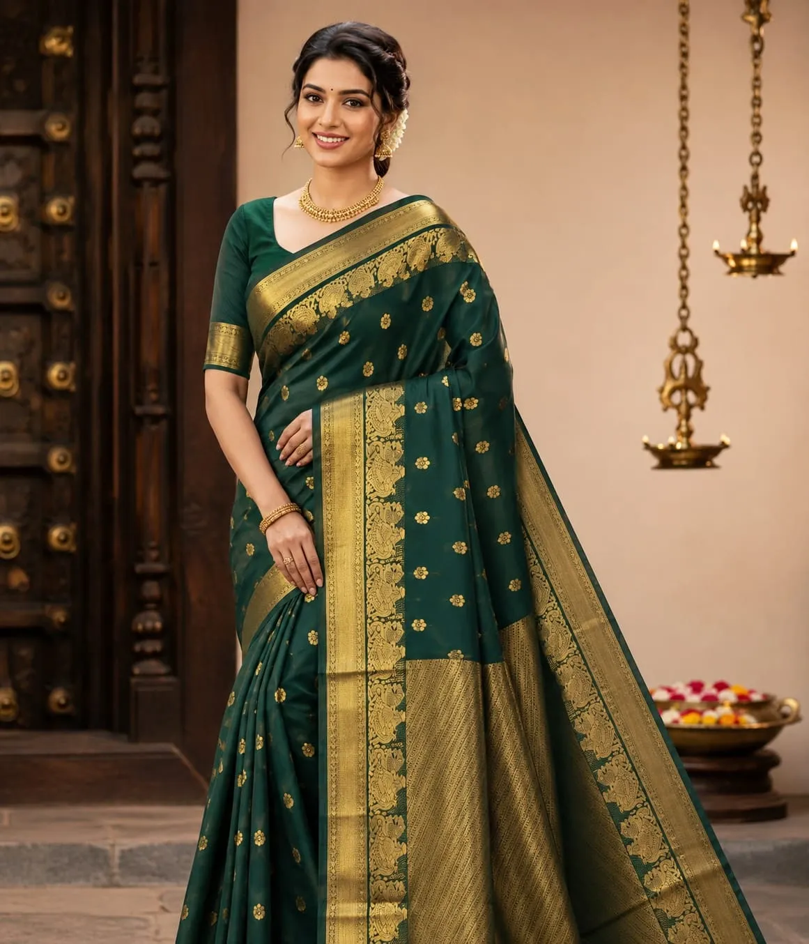 Floral Puttas Double Side Pallakku Border Saree